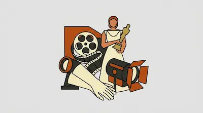 A woman holding a gold trophy stands among a film reel, a studio spotlight, and a large hand.
