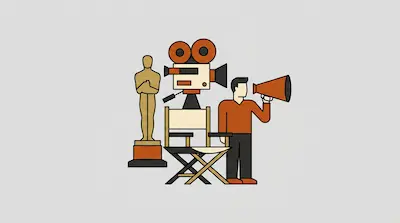 A gold trophy, a vintage film camera, a director's chair, and a person holding a megaphone.