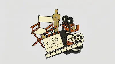 A director's chair, a movie camera, a clapperboard, film reels, and a gold trophy.
