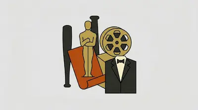 A gold statuette stands on a red carpet next to a film reel, a tuxedo jacket, and a baseball bat.