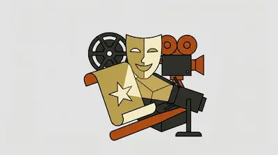 A collection of stylized icons including a film reel, a theater mask, a movie camera, a spotlight, and a scroll with a star.