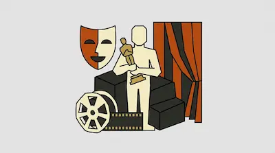 A cream-colored figure holds a gold trophy next to a drama mask, a film reel, and orange curtains.