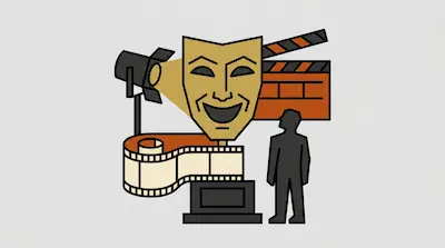 A gold comedy mask on a pedestal is surrounded by a spotlight, a clapperboard, a film strip, and a silhouette of a person.