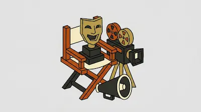 A smiling theater mask sits on a director's chair next to a vintage movie camera and a megaphone.