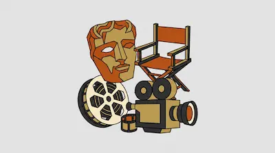 A stylized mask, a director's chair, a film reel, and a vintage movie camera.