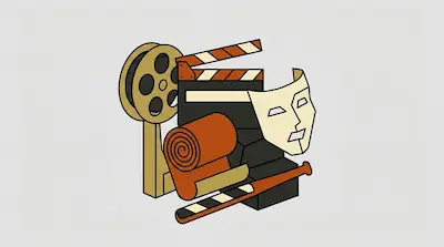 A film reel, clapperboard, theater mask, scroll, and striped bat are grouped together.