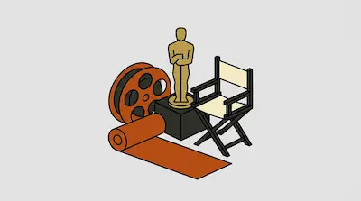 A film reel, a red carpet, a gold statuette on a pedestal, and a director's chair.