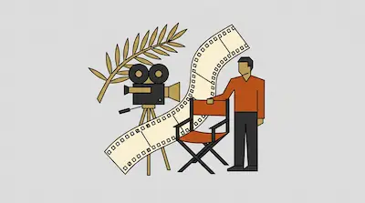 A person stands next to a director's chair, a vintage movie camera, a strip of film, and a palm leaf.
