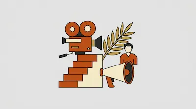 A vintage movie camera on a set of stairs, accompanied by a megaphone, a palm leaf, and a person icon.