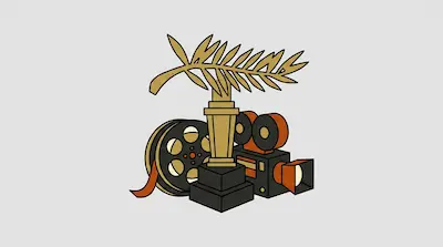 A stylized gold palm leaf trophy on a black base, positioned between a film reel and a vintage movie camera.