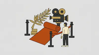 A person stands next to an unrolling red carpet, a movie camera, and a gold palm leaf.