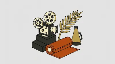 A vintage movie camera on a tiered base, a palm frond, a megaphone, and a roll of red carpet.