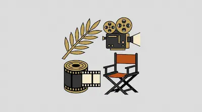 Four stylized icons including a palm frond, a vintage movie camera, a film canister, and a director's chair.