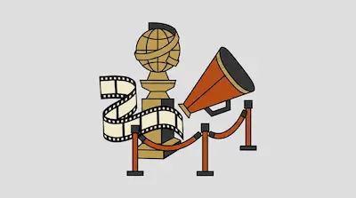 A gold globe trophy, a winding film strip, an orange megaphone, and red velvet rope stanchions.