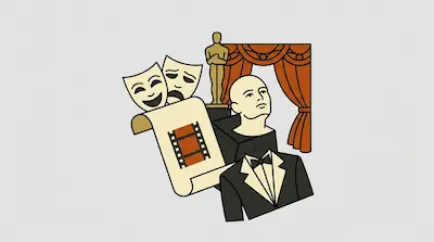 A collection of theater and film icons including masks, an award statuette, a film strip, a mannequin head, a tuxedo, and stage curtains.