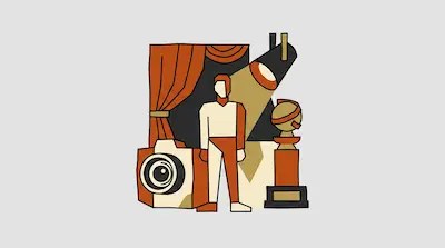 A geometric figure stands in front of a stage curtain, flanked by a camera and a trophy under a spotlight.