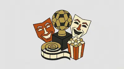 A collection of entertainment icons including two theater masks, a golden trophy, a film strip, and a container of popcorn.