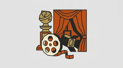 A gold trophy stands next to a film reel and a stage light in front of red curtains.