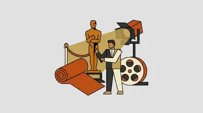 A man in a tuxedo stands next to a gold statue, a film reel, a spotlight, and a red carpet.