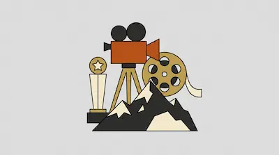 A movie camera on a tripod, a film reel, and a star trophy are positioned behind a mountain range.