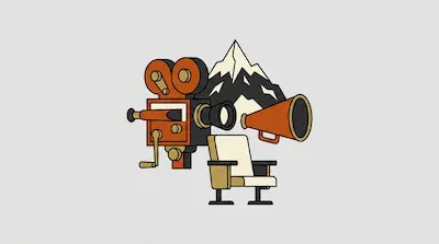 A vintage film camera, megaphone, and director's chair are positioned in front of a mountain peak.