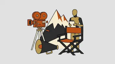 A film camera on a tripod, a megaphone, and a director's chair are positioned in front of stylized mountains with a person holding a notepad.