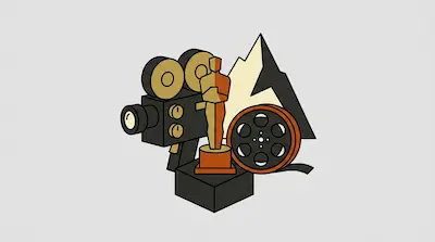 A vintage movie camera, a gold statuette on a pedestal, a film reel, and a mountain peak.