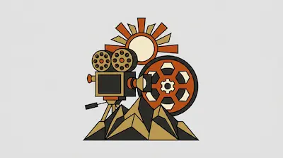 A vintage movie camera, a film reel, and a sun positioned above a jagged mountain range.