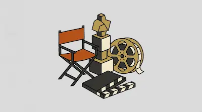 A director's chair, a film reel, a clapperboard, and a geometric bust are grouped together.