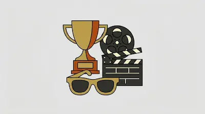 Flat illustration of a gold trophy, a film reel, a clapperboard, and sunglasses on a light grey background