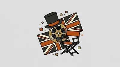 A film reel wearing a top hat, a folding director chair, and a flag with diagonal and crossed stripes behind them.