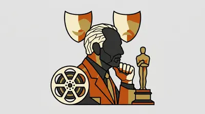A male profile with a fist under his chin, two theatrical masks behind him, a film reel to his left, and a statuette to his right.