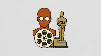 A bust of a figure wearing round glasses, a film reel in front, and a statuette holding a sword on a pedestal beside it.