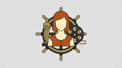 A faceless female bust framed inside a ship wheel, with a statuette on one side and a film reel on the other.
