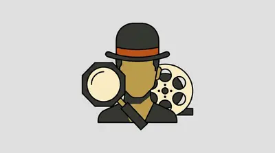 A faceless figure in a bowler hat and suit holding a large magnifying glass, with a film reel behind.