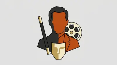 A faceless male bust in a suit holding a thin wand, with a theatrical mask below and a film reel behind.