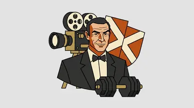 A man in a tuxedo and bow tie with a film camera, a dumbbell, and a flag bearing a white diagonal cross.