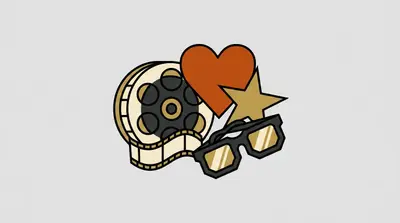 A film reel with a strip of film, a heart shape, a five-pointed star, and a pair of sunglasses grouped together.