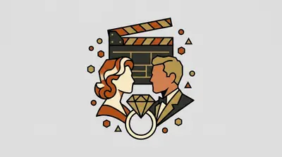 Two profile faces facing each other, a diamond ring between them, and a film clapperboard behind them.