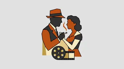 A man in a fedora holding a smoking cigarette facing a woman, with a film reel and strip of film between them.