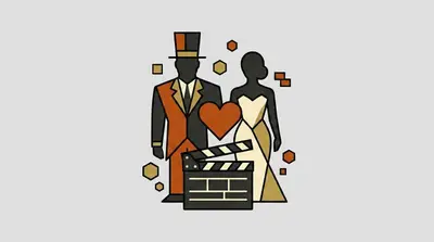 A male figure in a top hat and suit, a female figure in a gown, a heart between them, and a film clapperboard in front.