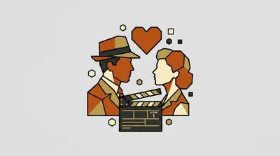 A man in a hat and a woman facing each other in profile, a heart floating above them, and a film clapperboard between them.
