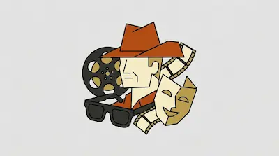 Flat illustration of a man in a fedora surrounded by a film reel, 3D glasses, and a theater mask on a gray background