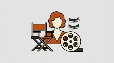 Flat illustration of a red-haired woman surrounded by a director chair, a film reel, and false eyelashes