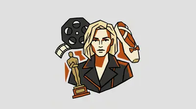 A woman in a leather jacket beside a film reel, a golden award statuette, and a ballet slipper with ribbons.