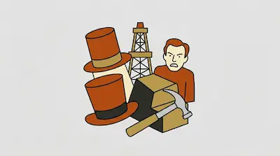 Flat illustration of an angry man, two top hats, a hammer, and an oil derrick against a light gray background