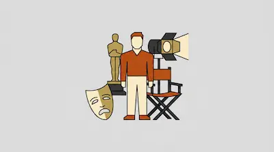 Flat illustration of an actor standing by a film award, a theater mask, and a director chair on a gray background