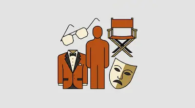 Flat illustration of a tuxedo, a director chair, a theater mask, and a human silhouette on a gray background
