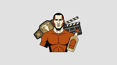 A muscular man in a tight shirt with a wrestling championship belt over one shoulder, a film clapperboard behind the other, and a bottle in front.
