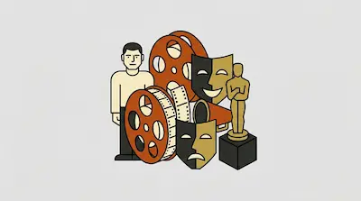 Flat illustration of a man standing next to film reels, theater masks, and a golden award statue on a gray background